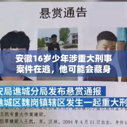 安徽16岁少年涉重大刑事案件在逃，他可能会藏身在什么地方？，男子致5死逃进大山