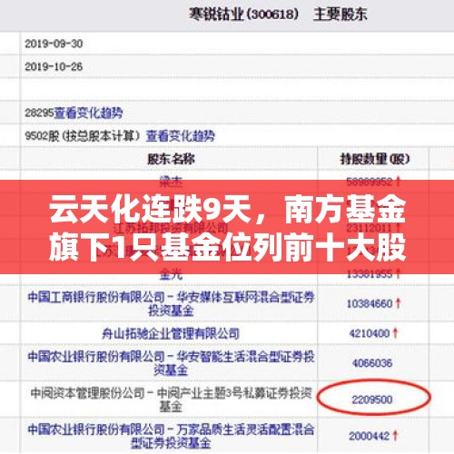 云天化连跌9天，南方基金旗下1只基金位列前十大股东