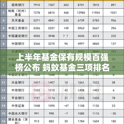 上半年基金保有规模百强榜公布 蚂蚁基金三项排名皆居第一