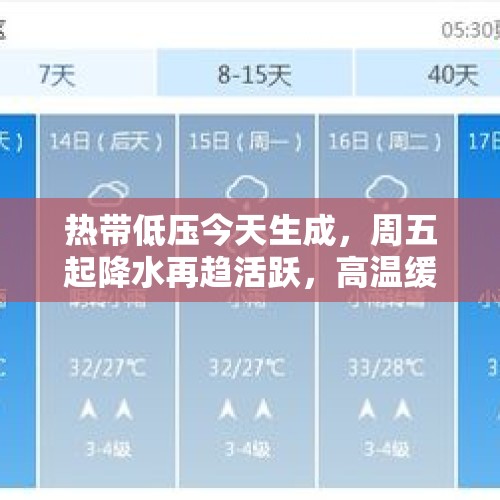 热带低压今天生成，周五起降水再趋活跃，高温缓解