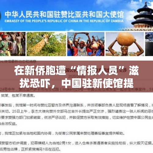 在新侨胞遭“情报人员”滋扰恐吓，中国驻新使馆提出严正交涉