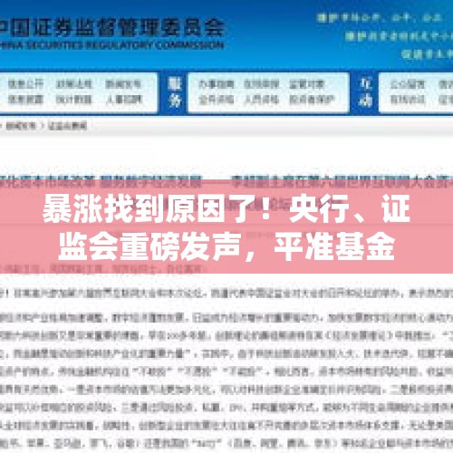 暴涨找到原因了！央行、证监会重磅发声，平准基金四大消息公布