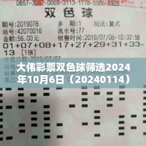 大伟彩票双色球筛选2024年10月6日（20240114）必买跟进