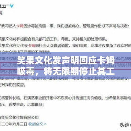 笑果文化发声明回应卡姆吸毒，将无限期停止其工作，为何不开除？，大众高管涉毒