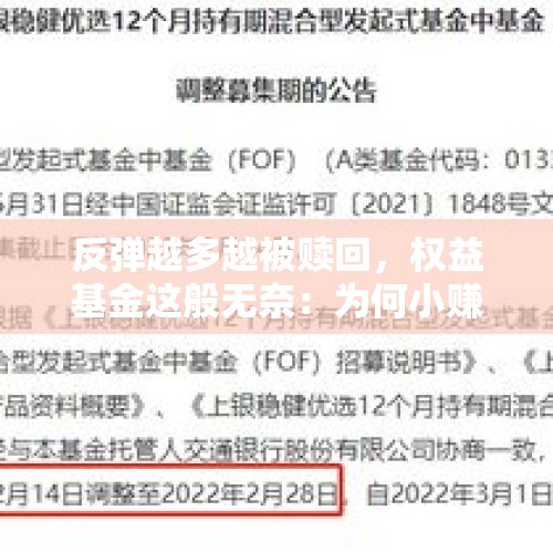 反弹越多越被赎回，权益基金这般无奈：为何小赚的，解套的，减亏的，都要赎回？