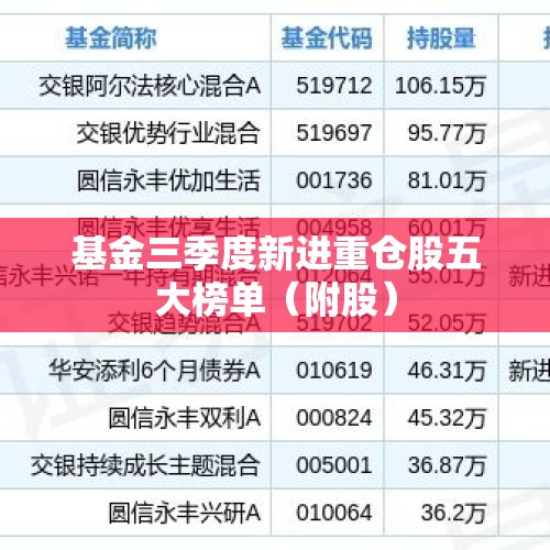 基金三季度新进重仓股五大榜单（附股）