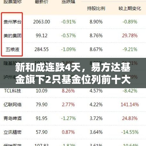 新和成连跌4天，易方达基金旗下2只基金位列前十大股东