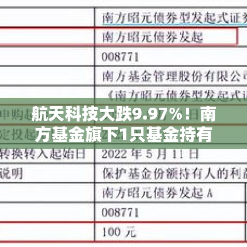 航天科技大跌9.97%！南方基金旗下1只基金持有