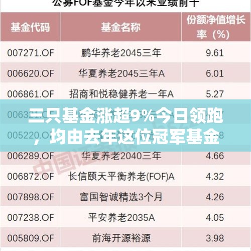 三只基金涨超9%今日领跑，均由去年这位冠军基金经理管理 - 今日头条