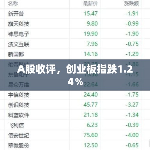 A股收评，创业板指跌1.24％